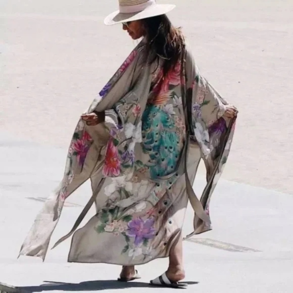 SOLD OUT Gypsy Bohemian Tan Floral Peacock Open Kimono Robe - Picture 2 of 12